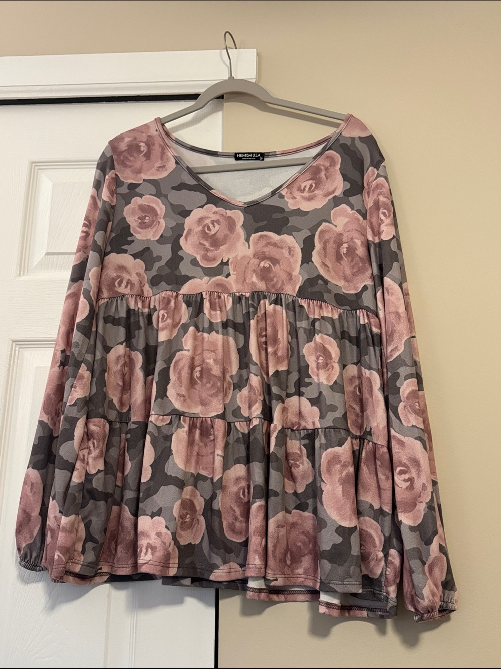 HEIMISH USA Pink & Gray Floral Camouflage Tiered Peasant Tunic